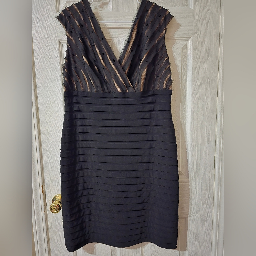 Adrianna Papell Beaded Bandage Sheath Dress, Deep Mesh V-Neck, Stretchy, EUC! - Picture 1 of 12